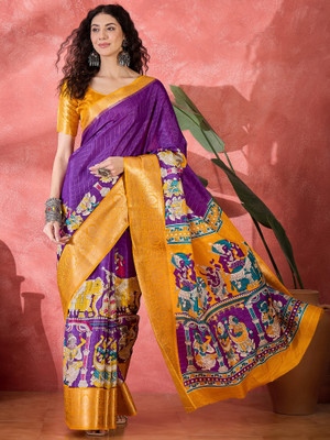 Blissta Checkered Kalamkari Silk Blend Saree(Multicolor)