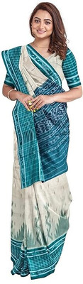 handloom paridhaan Self Design, Temple Border, Woven Handloom Pure Cotton Saree(Cream, Green)
