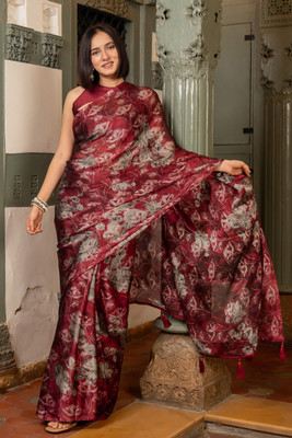 MIRCHI FASHION Printed, Floral Print Daily Wear Chiffon, Georgette Saree(Maroon, Beige)