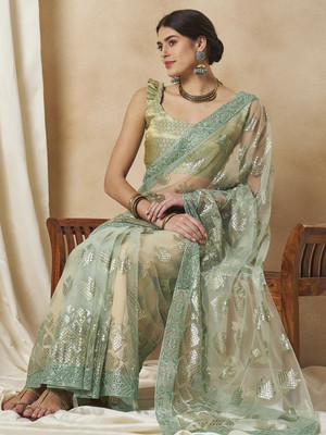 Sangria Embellished Daily Wear Net Saree(Green)