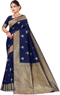 BuyNests Woven, Floral Print, Temple Border Kanjivaram Silk Blend Saree(Dark Blue)