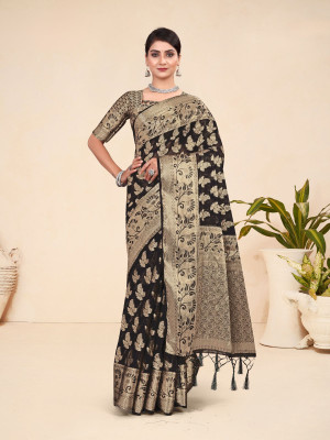odette Woven Saree with Attached Blouse Viscose Rayon Saree(Black)