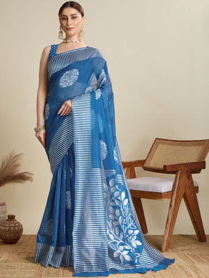 Moda Rapido Printed Daily Wear Silk Blend Saree(Blue)