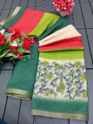 HouseOfCommon Printed Kanjivaram Linen, Cotton Linen Saree(Green)