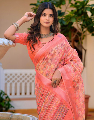 Samah Floral Print, Printed, Embellished Daily Wear Cotton Linen Saree(Yellow, Pink)
