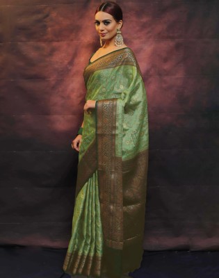 Satrani Woven, Embellished, Self Design Bollywood Silk Blend, Jacquard Saree(Dark Green, Gold)