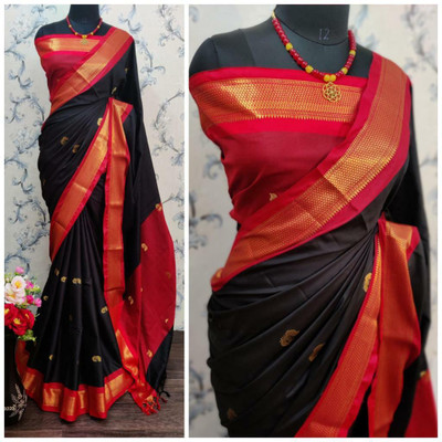 Fab Silk Embroidered Paithani Cotton Silk Saree(Red, Black)