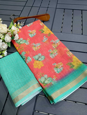 Saaransh Floral Print Kanjivaram Linen, Cotton Silk Saree(Red)