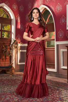 Praveena Designer Solid/Plain, Embellished Bollywood Satin, Net Saree(Maroon)