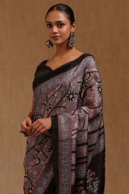 soch Floral Print Saree with Attached Blouse Art Silk Saree(Brown)