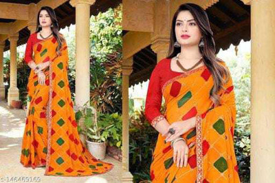 HouseOfCommon Printed Bollywood Georgette Saree(Yellow)