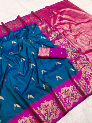 hitesh pahuja Floral Print, Temple Border Banarasi Pure Silk Saree(Blue)