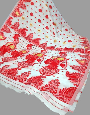 Kanokanjoli Printed Jamdani Handloom Cotton Blend Saree(White, Red)