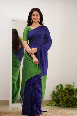 DHRITIS Solid/Plain Handloom Cotton Blend Saree(Blue, Green)
