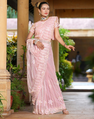 SIRIL Embroidered, Embellished Bollywood Net Saree(Pink)