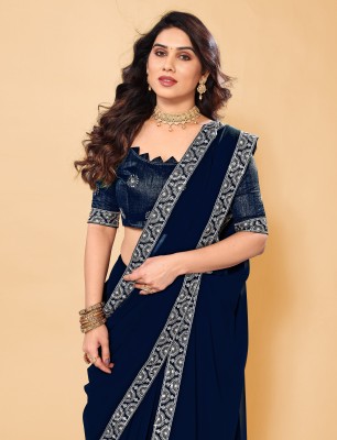 Vivan Fab Embroidered Bollywood Chiffon Saree(Dark Blue)