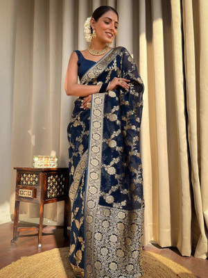 VRINDITA FASHION Self Design Banarasi Art Silk Saree(Blue)