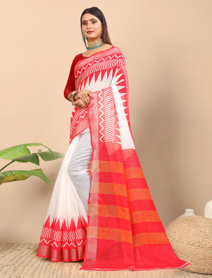 HouseOfCommon Printed Kanjivaram Pure Cotton, Cotton Linen Saree(White, Red)
