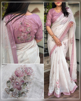 Myraani Floral Print Kantha Cotton Linen Saree(White, Pink)