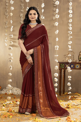 FAIRYPINK Embellished, Geometric Print, Solid/Plain, Self Design, Dyed, Woven, Checkered Bollywood Georgette Saree(Maroon)