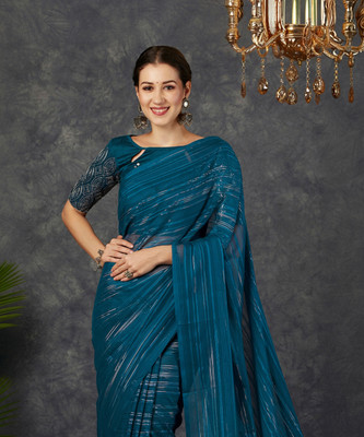 Samah Dyed, Embellished, Striped, Woven Bollywood Georgette Saree(Blue)