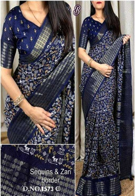 Ridham Printed Kalamkari Silk Blend Saree(Dark Blue)