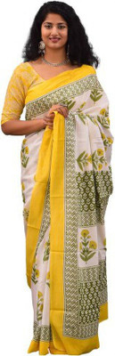 Clothonus Printed, Hand Painted, Graphic Print Ikkat Pure Cotton Saree(White)