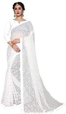 NORAFLEX Embroidered Bollywood Net Saree(White)