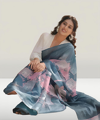 VCREATION Digital Print Bollywood Cotton Linen Saree(Grey)