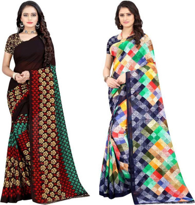 Leelavati Printed Daily Wear Georgette Saree(Pack of 2, Black, Grey)