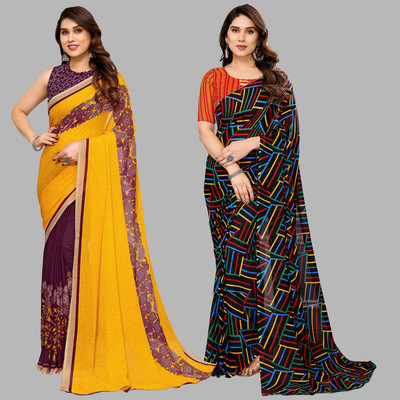 kashvi sarees Self Design, Printed Daily Wear Georgette Saree(Pack of 2, Yellow, Brown, Multicolor)