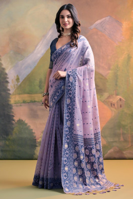 PeachPetals Woven, Embroidered Banarasi Cotton Blend Saree(Purple)