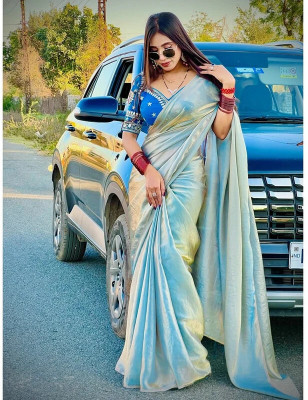 Vraggi Embellished, Embroidered, Solid/Plain Bollywood Chiffon, Pure Silk Saree(Light Blue)