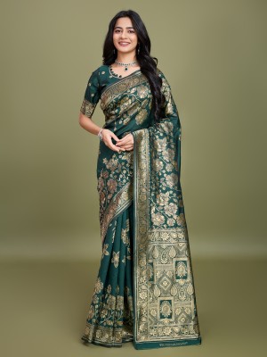 RICH & ROMAN Embellished, Woven Banarasi Jacquard, Pure Silk Saree(Dark Green)