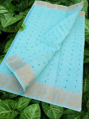 Happy Creation Printed, Striped Tant Pure Cotton, Cotton Blend Saree(White)