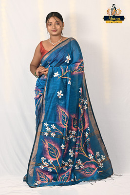 Ahana Textile Printed Handloom Cotton Blend Saree(Blue)