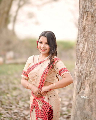 vrajnetic Woven Mekhela Chador Pure Cotton Saree(Cream)