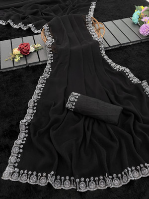 Adiyogi Enterprise Floral Print, Embellished Bollywood Silk Blend Saree(Black)