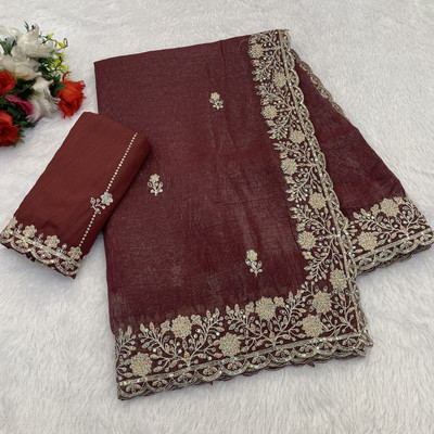 LAJEELEE Embroidered Bollywood Chiffon Saree(Brown)