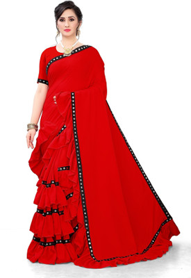 fentik.com Solid/Plain Bollywood Lycra Blend Saree(Red)
