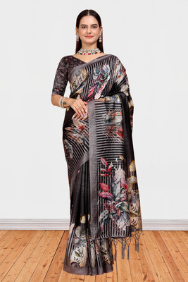 Mugdarra Floral Print Daily Wear Cotton Silk Saree(Black)