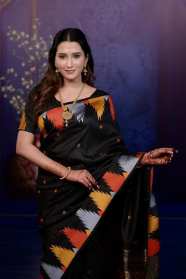 shaedha fashion Woven Banarasi Pure Silk Saree(Black, White, Yellow)