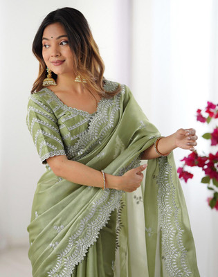 Satrani Embroidered, Embellished Bollywood Tissue Saree(Green)