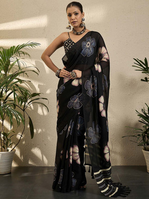 all about you Printed Pochampally Georgette Saree(Black)