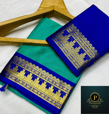 Paramparik Textile Woven Banarasi Cotton Silk Saree(Green)