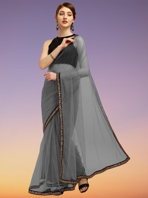 RE Renny Enterprise Self Design Bollywood Net Saree(Grey)