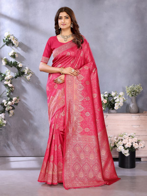 Emv Everymoment Vouge Printed Banarasi Silk Blend Saree(Pink)