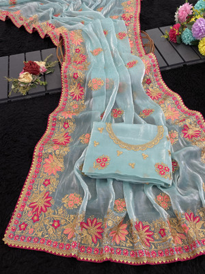 KHRITI FAB Embroidered Bollywood Jimmy choo Saree(Light Blue)