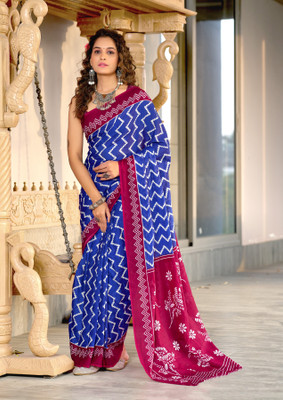 MODERRY Blocked Printed, Printed Daily Wear Pure Cotton Saree(Blue)