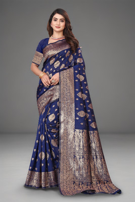SuperLaxmi Woven Kanjivaram Pure Silk, Art Silk Saree(Dark Blue, Gold)